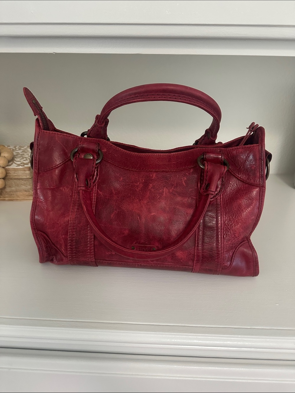 Frye Red Leather Satchel with Rolled Handles